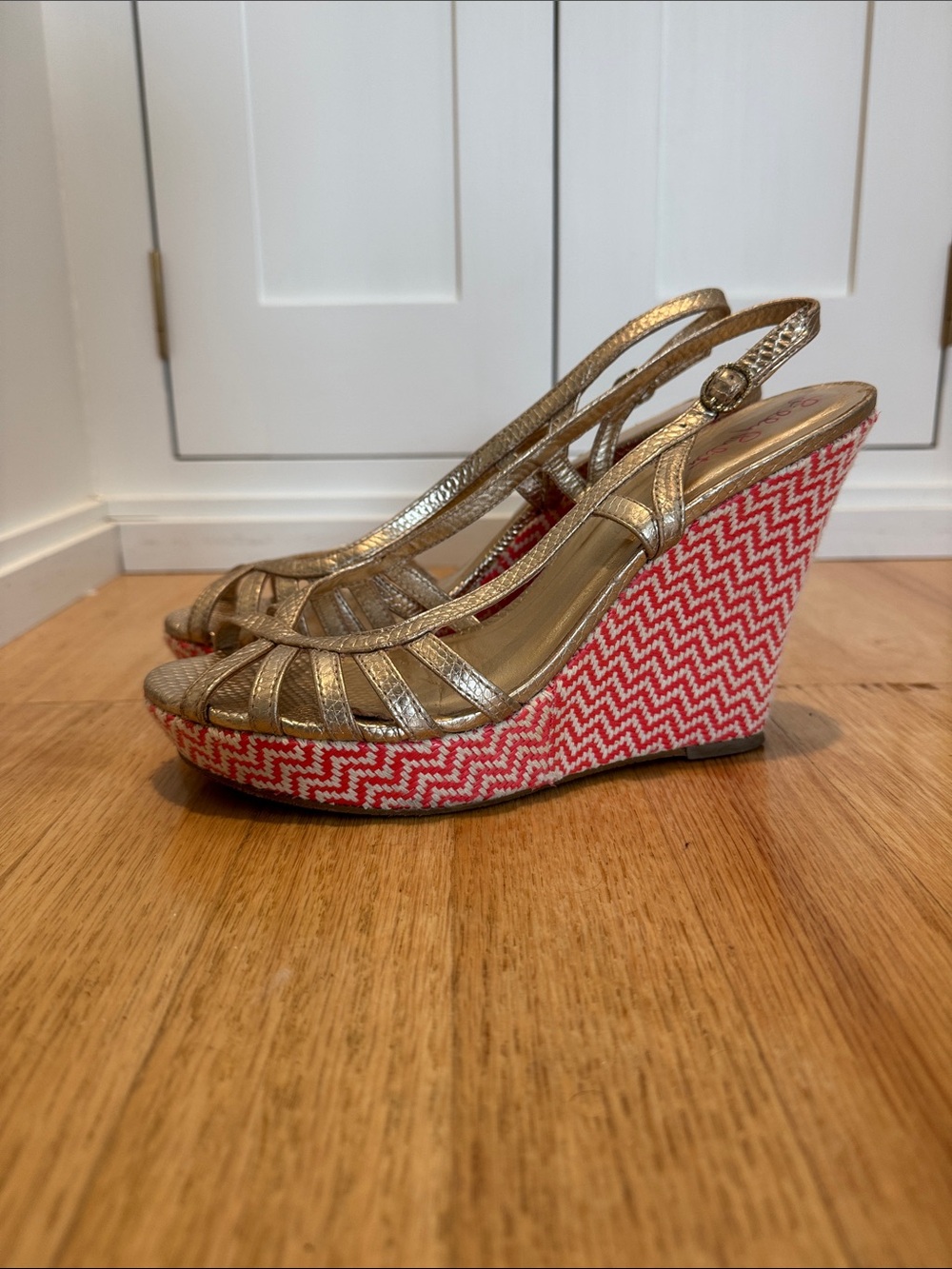 Lilly Pulitzer Gold Slingback Wedges with Pink Chevron Wedge